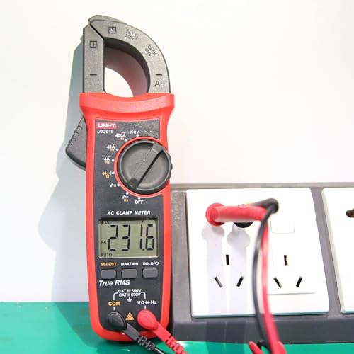 UNI-T UT201R digital clamp meter with True RMS, auto-ranging display, and clamp jaws for DC current measurement