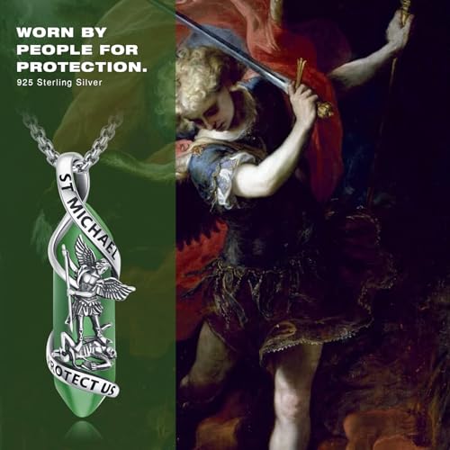 Saint Michael Necklace 925 Sterling Silver Holy Patron Saint Pendant Amulet Jewellery Gift for Men Christmas Birthday Anniversary Jewellery Gift Dark Green Crystal St. Michael Necklace
