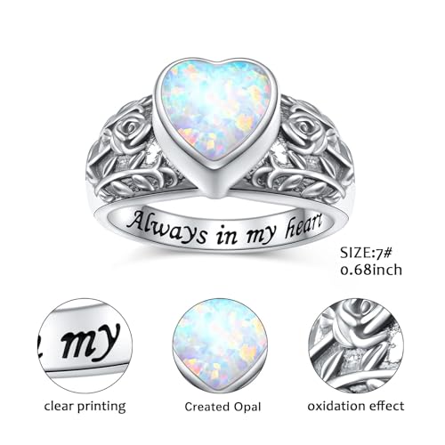 Flyow Urn Ring for Ashes 925 Sterling Silver Opal Rose Memorial Keepsake Jewelry Always in My Heart Cremation Ring for Women Men R 1/2