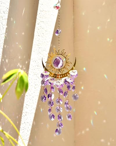 Prism Window Suncatcher Hanging Indoor Celestial Crystal Moon and Sun Catchers Rainbow Maker Purple