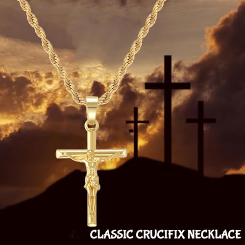 Cross Necklace for Men and Women, 18K Gold Plated Cord Necklace with Cross Pendant, Catholic Jesus Cross Pendant, Religious Gift for Easter, Father's Day, Christmas