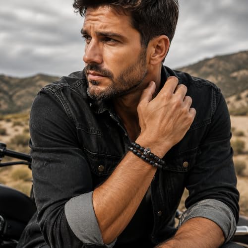 Natural Stone Bracelet 8mm Mens Black Beaded Bracelets Hematite Obsidian Onyx Lava Beads Bracelet Healing Crystal Bracelet for Men Skull