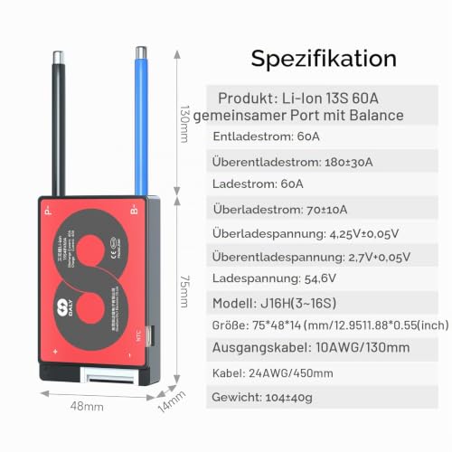 DALY BMS 13S 48V 60A Li-Ion with Cell Balancing | Lithium battery protection board. Battery Management System Designed for e-bikes, e-scooters, campers and solar storage Standard BMS