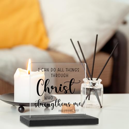 I Can Do All Things Through Christ Clear Desk Decorative Sign, Inspirational Home Office Decor Plaque, Christian Bible Verse Acrylic Signs Gift for Mom Family Women Friends TZJ52 I Can Do All Things Through Christ