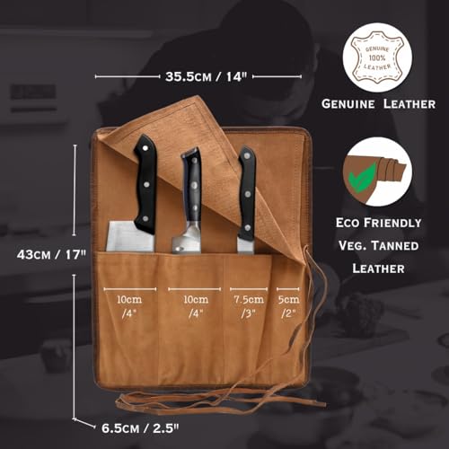Knife Roll Bag Professional Chef Knife Case, Durable Knife Sheath Holder, Cooks & Culinary Tools Carrying Storage, Portable Knife Wrap - 4 Slots Distressed Brown