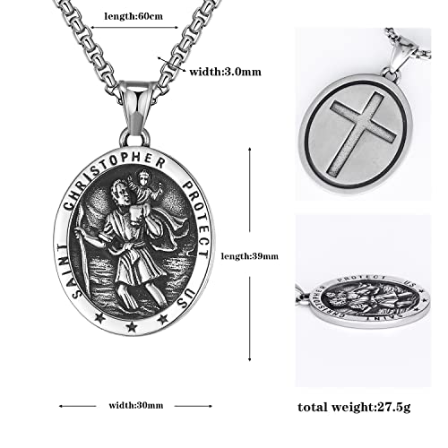 Stainless Steel Saint Christopher Medal Necklace Gothic Protective Pendant Patron Saint of Travellers Religious Cross Necklaces for Women Men Wife Husband