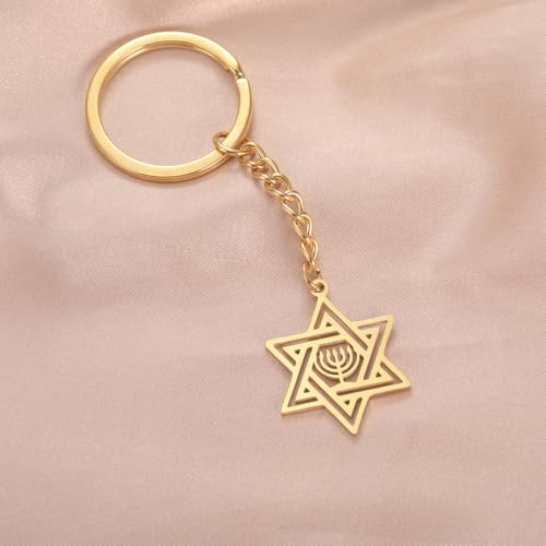VASSAGO Star of David Keychain for Women Men Jewish Star Menorah Keyring Stainless Steel Hanukkah Keychain Israel Religious Jewelry Gold