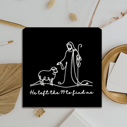 He Left the 99 to Find Me Christian Wooden Box Sign, Christian Gifts for Women Men, Jesus and Lamb Religious Bible Verse Wood Block Sign for Home Office Desk Shelf Table Decor, 5x5 Inch white -R