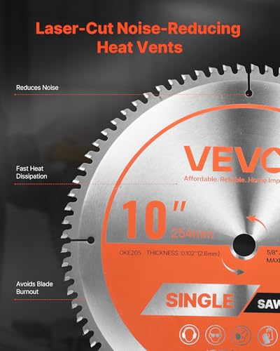 VEVOR Circular Saw Blade (254mm φ & 80 Sharp Teeth & 2.6mm Thickness) Ideal for Aluminum Cutting Compatible with Circular Saw, Alloy Steel Saw Blade with Noise Reducing Heat Extractors