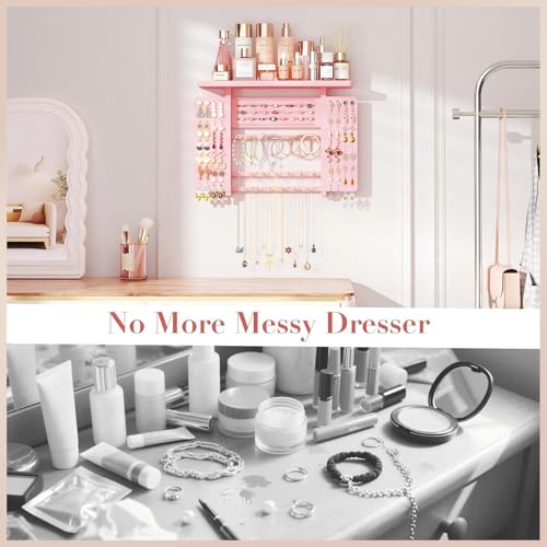 Emfogo Jewelry Organizer Hanging Wall Mounted Jewelry Holder, 5-in-1 Large Capacity Wood Necklace Organizer Wall Display for Ring, Necklaces, Bracelets, Earrings (Pink) Pink