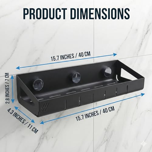 15.7 inch Suction Cup Shower Caddy - No Drill Bathroom Organizers And Storage, Rustproof Carbon Steel Shower Shelves - Black