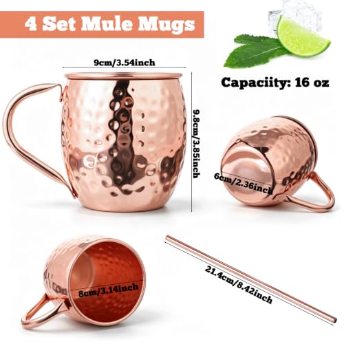 TINSKY Moscow Mule Mugs with Handles 16oz 4 Set Pure Copper Cups for Drinking Hammered Copper Glasses, Welded Handles 4 Straws for Cocktails, Beer, Cold Drinks, Party, Gift Giving