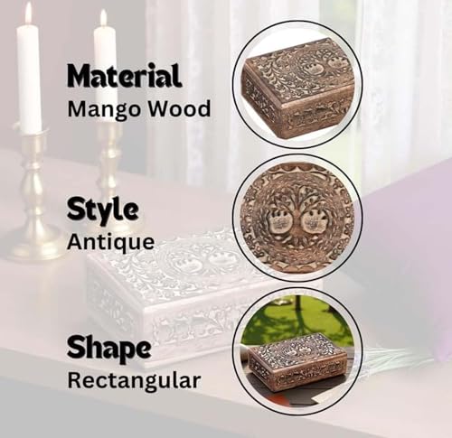 Wooden Jewelery Box Decorative Box with Life of Tree Carving - Antique Design for Sister Birthday Gifts, Jewelry Organizer Gifts For Women Birthday Unique, wooden Handmade love Gift (10 x 6 Inch) Antique - 10 x 6 Inch