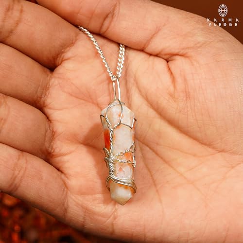 KARMAPLEDGE Crystal Necklace Birthday Gifts for Women, Mom, Natural Sunstone Healing Crystal Pendant Necklaces for Chakra Balance, Good Luck, Positivity, Meditation, Tree of Life Crystal Jewelry