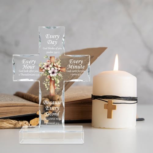 WEBEEDY Floral Acrylic Cross Christian Religious Gift for Women Men, Biblical Verse Standing Coss Decor with Base, Bible Scripture Inspiration Gifts Home Office Desk Decor, 10x15cm