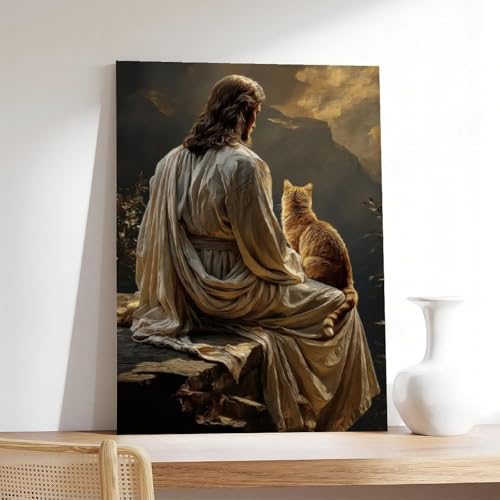 Jesus and Cat Wall Art Poster Unframed Christian Religious Home Decor Spiritual Painting for Cat Lovers Bedroom Living Room 12x18Inch 12"L x 18"W