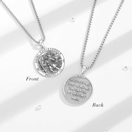 INFUSEU St Christopher Necklace Mens Womens Saint Christopher Medal 925 Sterling Silver Pendant Religious Safe Travels Gift Cristos Catolicos Medallion Catholic Christian Jewelry Easter Christmas
