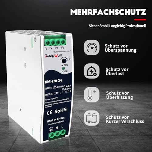 DIN Rail Power Supply 24V, 120W, 5A | Transformer 230 V to 24 V, DIN rail, 24 VDC, 24 volt power supply, 24 V DC transformer, DIN rail, ReleyWell, NDR-120-24 120Watt