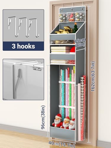 Hanging Gift Wrapping Paper Storage, Christmas Wrapper Bag Container, Long Craft Roll Organizer, Present Wrap Holder for Closet, Door (Gray) Gray