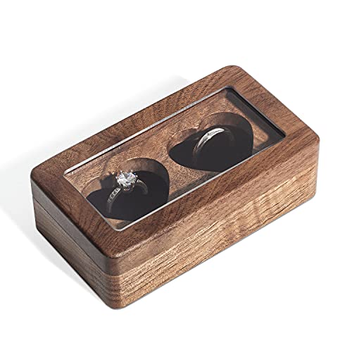Wooden double heart wedding ring box by Wislist, walnut finish, rectangular jewelry case for engagement rings and jewelry storage.