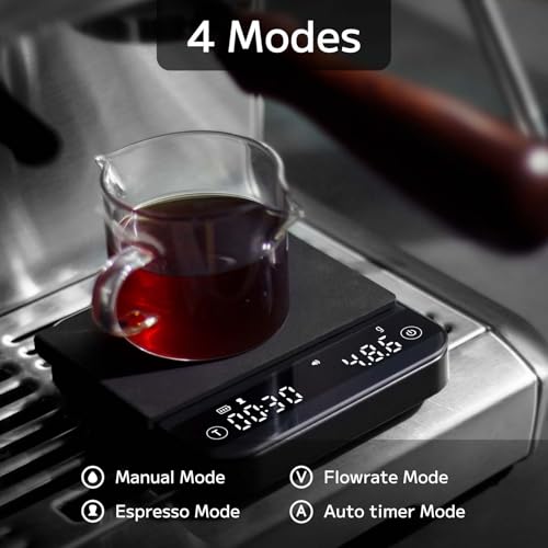 Coffee Scales with Timer, 4 Modes Mini Digital Espresso Scale, 0.1g High Precision Coffee Weighing Scale with Flow Rate for Pour-over Coffee, Rechargeable Kitchen Scales, Max 2kg, Black