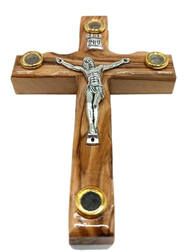 Zuluf 7.8" Catholic Wall Crucifix Olive Wood Cross with Metal Jesus Corpus – Handmade Christian Wall Hanging with Holy Land Elements & Certificate – Bethlehem Religious Gift CRS043 7.9"L x 4.7"W