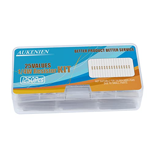 AUKENIEN 1/4W Carbon Film Resistors Assortment 25 Values 1250 Pieces Resistance Set 1 Ohm to 1M Ohm 1/4 Watt 5% Carbon Film Electronics Resistors Resistor Kit 1/4W 5%