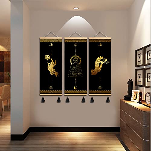 MBOUFOEY 3Pcs Buddhism Zen Art Buddha Hand Gestures Gold Black Canvas Wall Art Yoga Print Poster Wood Scroll Frame with Tassel Painting Home Decor Artwork Ready To Hang (40x105cm 3pcs) 40x105cm 3pcs