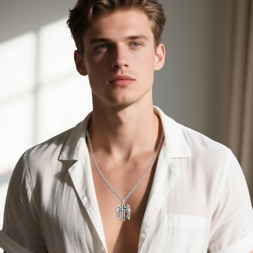 ONEFINITY Religious Urn Necklace for Ashes 925 Sterling Silver Cross/Angel Wing/Butterfly/Raphael Abalone Shell Pendant Necklace Cremation Memorial Keepsake Jewelry Gift for Ashes of Loved One Women Cross Angle Wings