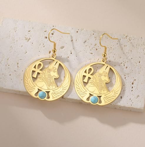 Egyptian Anubis Earrings Ankh Cross Goddess Isis Wing Scarab Wicca Pagan Gemstone Magic Power Amulet Ancient Egypt God Mythology Jewelry Gift Women Men gold