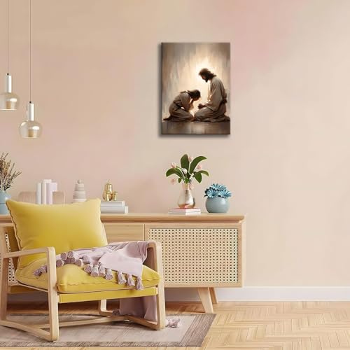 Framed Jesus Comforting Woman Canvas Print Wall Art Religious Canvas Print, Inspirational Christian Picture Spiritual Poster, Home Church Office Living Room Decor Ready to Hang 12x16 Inch Jesus heals 12x16in