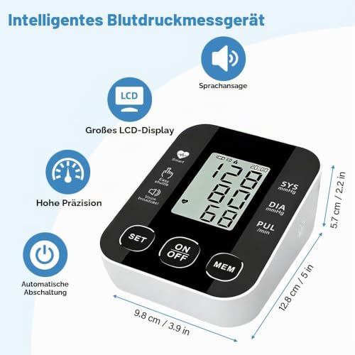 Upper Arm Blood Pressure Monitor with Large LCD Display, Blood Pressure Monitor, Automatic Blood Pressure Monitor with Voice Output, Large Cuff 22-36 cm, 2 x 99 Memory