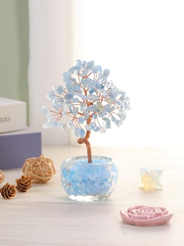 PESOENTH Aquamarine Crystal Tree of Life,Healing Crystal Stone Tree Spiritual Gifts for Women Mom Birthday,Blue Gemstone Trees Feng Shui Home Room Decor for House Warming Gifts Aquamarine Crystals Tree