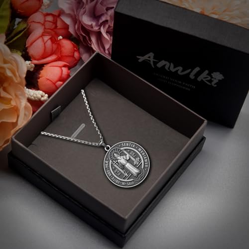 St Benedict Necklace Saint Benedict Medal Bless Safety Religion Pendant Gift for Men, Women, Family, Parent, Friend Ancient Silver