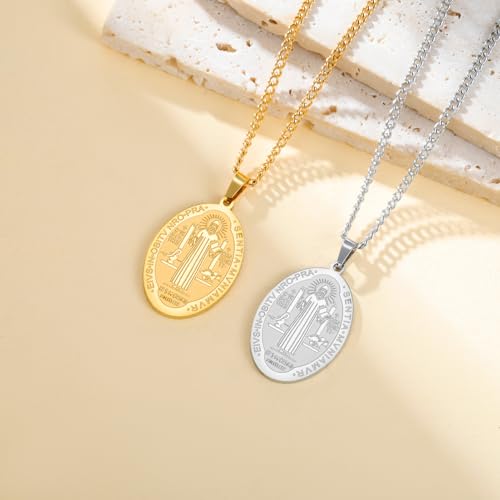 Amaxer Saint Benedict Of Nursia Necklace for Women Oval St. Benedict Medal Religious Protection Jewellery Catholic Pendant Necklace for Women Men Silver