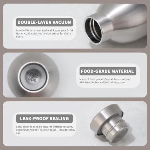 Stainless Steel Water Bottle-Double Wall Vacuum Insulated Metal Water Bottle-Hot & Cold-Leak Proof-BPA Free-Eco Friendly & Reusable-Gym,Sports,Travel,Outdoors(Brushed Steel 17oz/500ml)