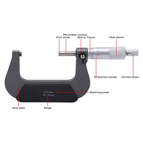 Outside Micrometer 50-75 mm Range Micrometer 0.01 mm Resolution Micrometer Screw Metric Outdoor Brake Caliper, External Micrometer Micrometer Stable Alloy Surface