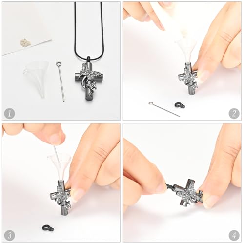 Butterfly Cross Urn Necklace for Ashes, Stainless Steel Memorial Keepsake Pendant for Men Women, Screw Top Seal Design Cremation Jewelry for Ashes Holder Cross Pendants for Ashe of Loved Black