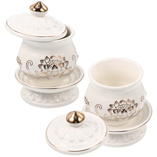 HOMSFOU 2 pack Buddhist Water Offering Cup Porcelain Temple Cup with Lotus Flower Design Buddhist Altar Teacup for Worship Rituals Home Decor 4.13 X 2.75 X 2.75 in