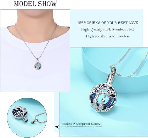 zeqingjw Cat Cremation Jewelry Urn Necklace for Ashes for Pet,Funeral Ashes Keepsake Urn Necklace Pendant Memorial Jewellery Silver-Blue