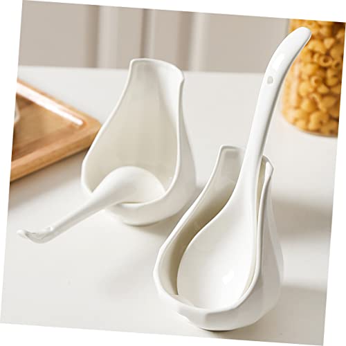 COLLBATH Ceramic Soup Spoon Rest Set Large Rice Spoon and Porridge with Utensil Holder 8.85 in Porcelain Ladle for Serving Soups Snacks Desserts Kitchen Dining Restaurants