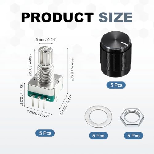 sourcing map 5Pack EC11 Rotary Encoder Code Switch, 15mm Full Shaft Digital Potentiometer 5 Pins with Push Button for Audio, DIY, Instrument Control, DVD, With Black Metal Knob