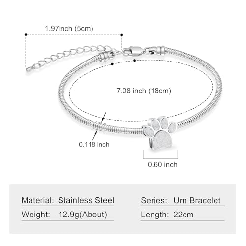 Cremation Bracelet for Ashes Memorial Jewelry Stainless Steel Pet Paw Heart Shape Urn Pendant Bangle Loved Ones Funeral Ashes Holder Keepsake Gift Paw-Silver