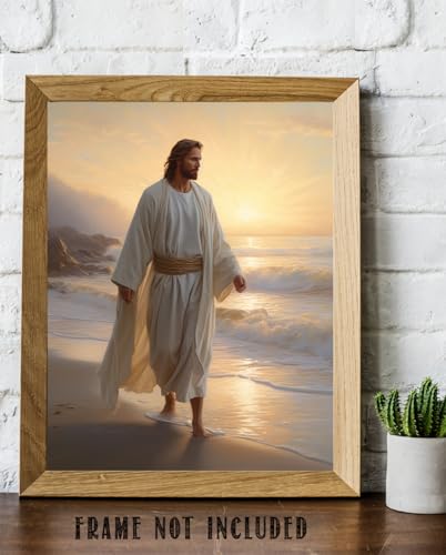Jesus Walking on Shore 11x14 Unframed Print for Living Rooms, Prayer Rooms, Church Offices, Christian Bookstores, Sunday School, Retreat Centers - Faith-Based Decor and Spiritual Inspiration Unframed Print Poster 14"L x 11"W