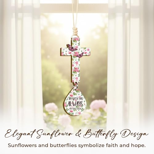 Christian Floral Cross Car Hanging Ornament – “I Am With You Always” Matthew 28:20 – Rearview Mirror Faith Gift for Women, Butterfly Rose Design, Scripture Card & Gift Box, Drive Safe Blessing Décor Cross Rose