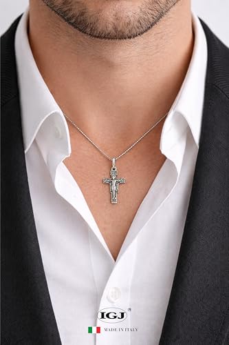 I G J Catholic Saint Damiano Cross Necklace – Silver Plated Brass Pendant with 20.5" Chain, St Francis Crucifix, Religious Gift Jewelry
