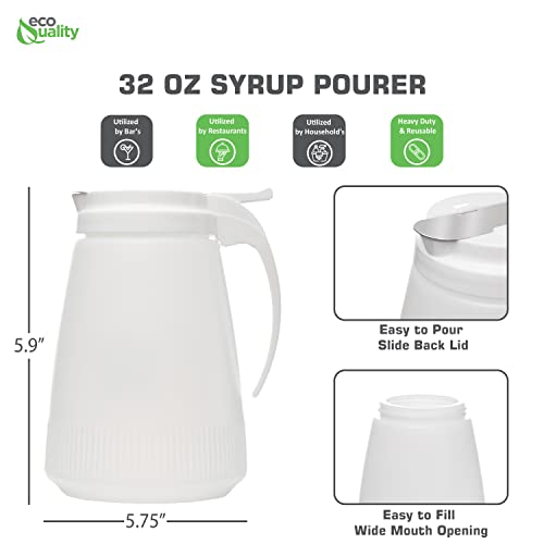 [3 PACK] EcoQuality 32oz Plastic Syrup Dispenser with Plastic Lid and Stainless Steel Slide Cover - Syrup, Sugar, Honey Dispenser - Perfect for Diners, Restaurants, Home, Office, Disposable (32 Ounce)