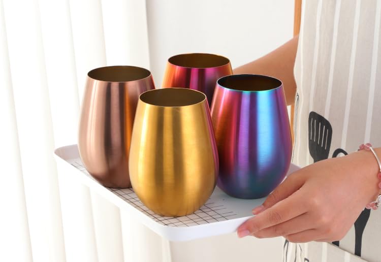 Buyer Star Double-Walled Metal Wine Cup - 17oz Unbreakable Stainless Steel Stemless 6-pack Tumbler Glasses for Chilled Drinks, Perfect for Father's Day, BBQ, Picnic & Beach (Rainbow) Rainbow