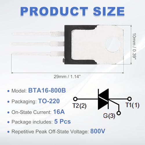QUARKZMAN Pack of 5 Bidirectional Thyristor BTA16-800B TO-220 800V 16A Rail Silicon Controlled Rectifier for Electronic Instruments Smart Home Devices Drones