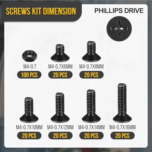 DTGN M4-0.7 black Phillips flat head bolts and nuts assorted kit, 220-piece screw and bolt set
